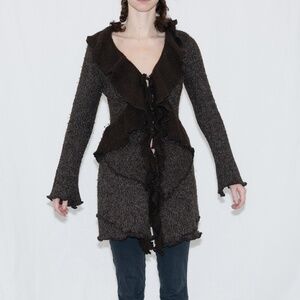 Y2k brown ruffle cardigan acrylic wool size medium hendi
